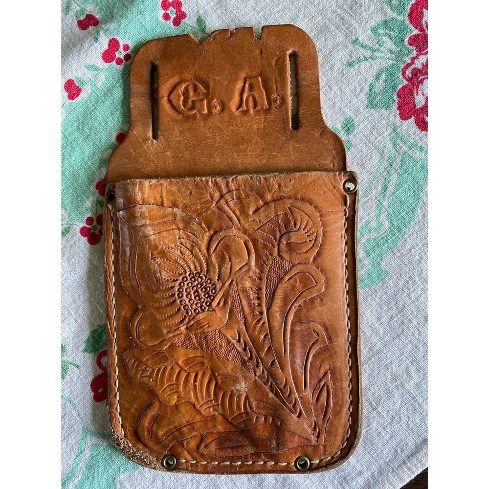Vintage Leather Tooled Belt Pouch Pocket Phone Tool Work Holder